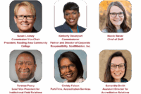 Images of the review committee members | Susan Looney Commission Vice-Chair President, Reading Area Community College; Kimberly Davenport Commissioner Partner and Director of Corporate Responsibility, ScottMadden, Inc.; Nicole Biever, Chief of Staff; Terence Peavy Lead Vice President for Institutional Field Relations; Christy Faison Part-Time, Accreditation Services; and Samantha Smith Assistant Director for Accreditation Relations