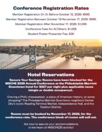 Conference Registration Rates Member Registration On Or Before October 12, 2026: $895 Member Registration Between October 13-November 17, 2026: $995 Member Registration After November 17, 2026: $1,095 Conference Fees for All Others: $1,095 Student Poster Presenter Fee: $30 Hotel Reservations Secure Your Savings: Rooms have been blocked for the MSCHE 2026 Annual Conference at the Philadelphia Marriott Downtown hotel for $227 per night plus applicable taxes (single or double occupancy). Craving a Philly cheesesteak, a piece of American history, or some shopping? The Philadelphia Marriott Downtown neighbors Center City’s iconic Reading Terminal Market, Independence Hall, and the Fashion District. Rooms must be booked by November 17, 2026, for the conference rate. The conference block of rooms will sell out. Act now to secure your accommodations in the heart of #MSCHE26 activity! Image of the city of Philadelphia